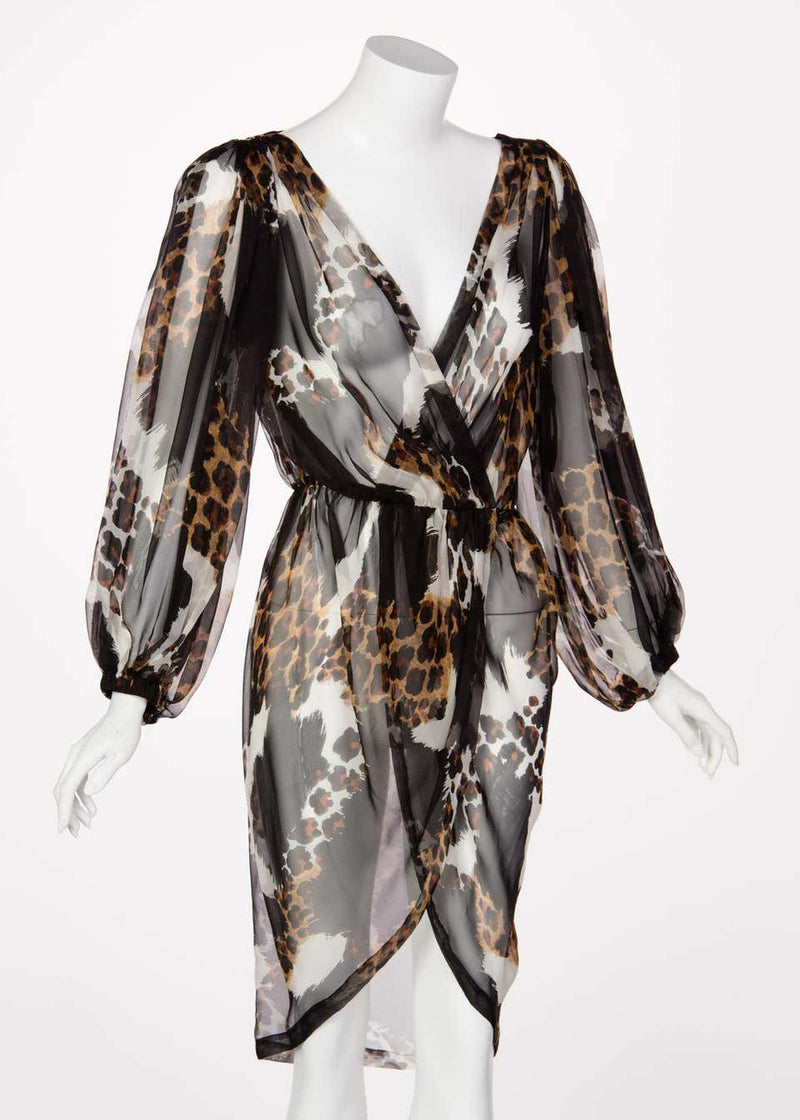 1990s Yves Saint Laurent Sheer Silk Leopard Animal Print Dress Jacket YSL