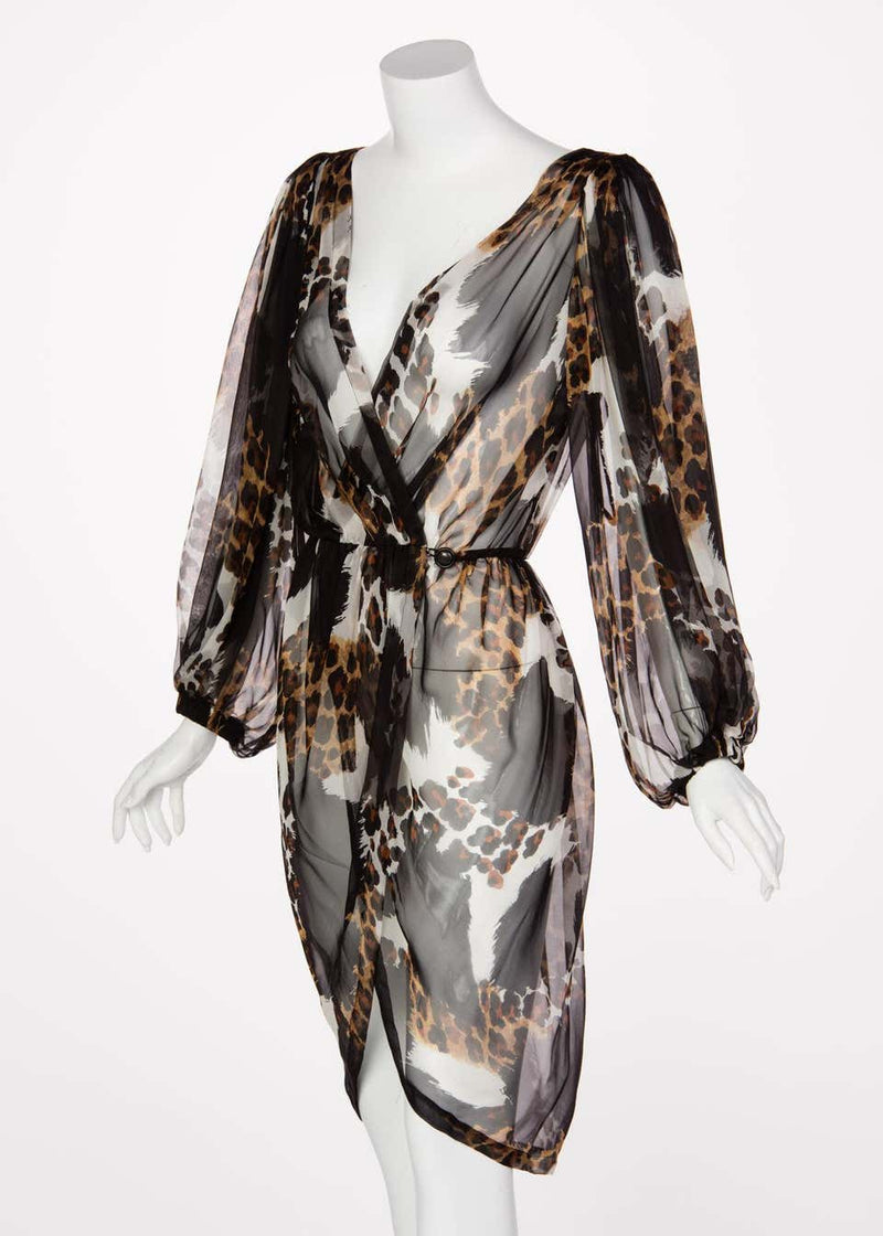 1990s Yves Saint Laurent Sheer Silk Leopard Animal Print Dress Jacket YSL