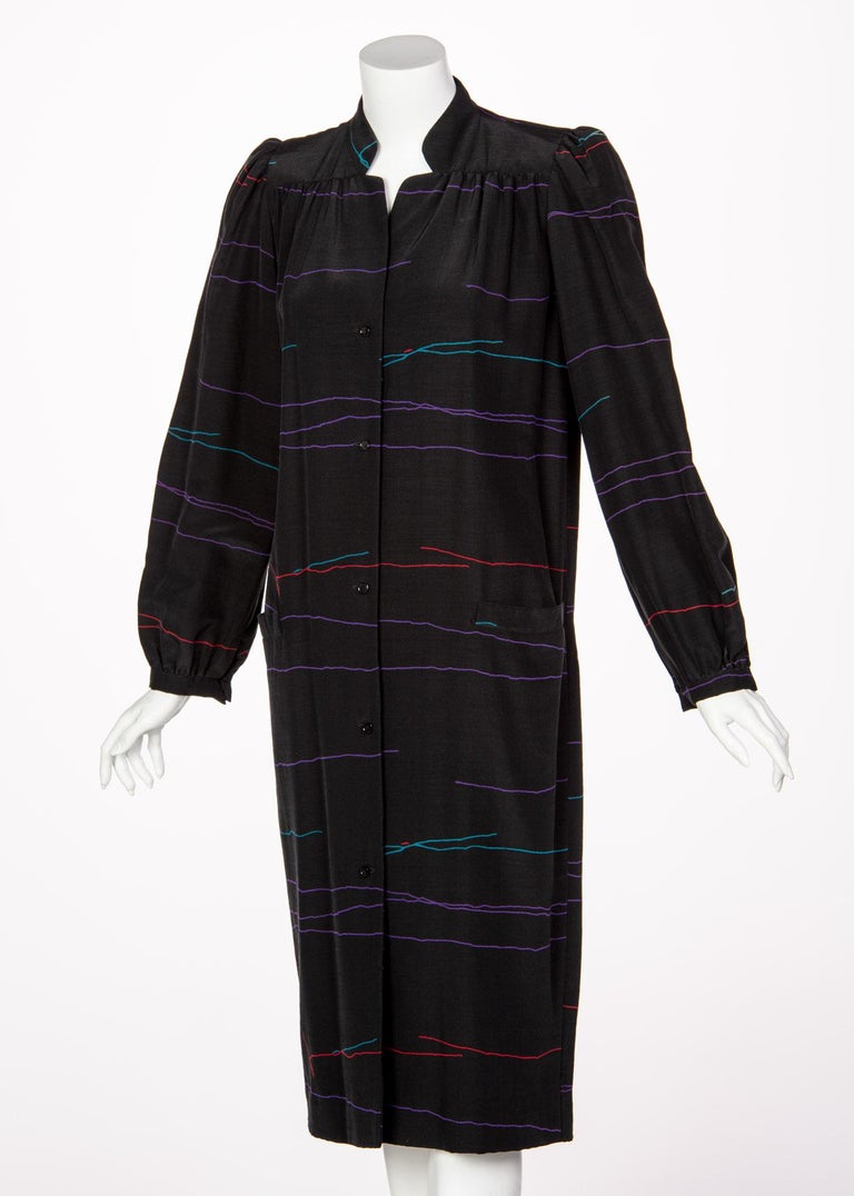 Vintage Halston Black Abstract Striped Shirt Dress Coat