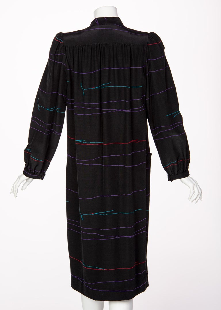 Vintage Halston Black Abstract Striped Shirt Dress Coat