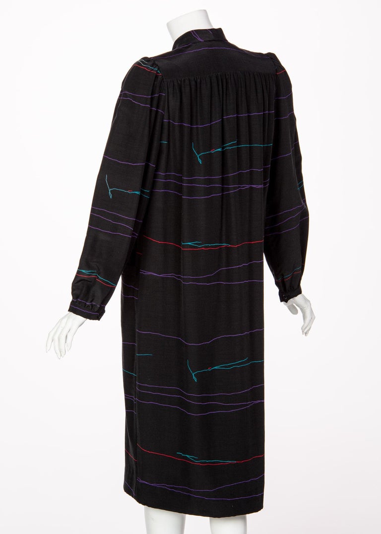Vintage Halston Black Abstract Striped Shirt Dress Coat