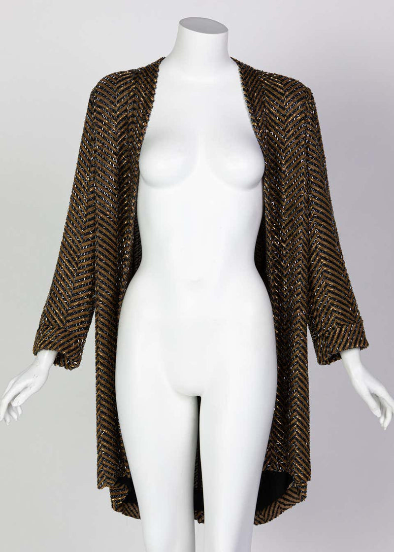 Bob Mackie Art Deco Gold Black Beaded Jacket, 1980s
