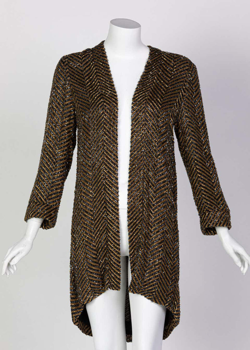 Bob Mackie Art Deco Gold Black Beaded Jacket, 1980s