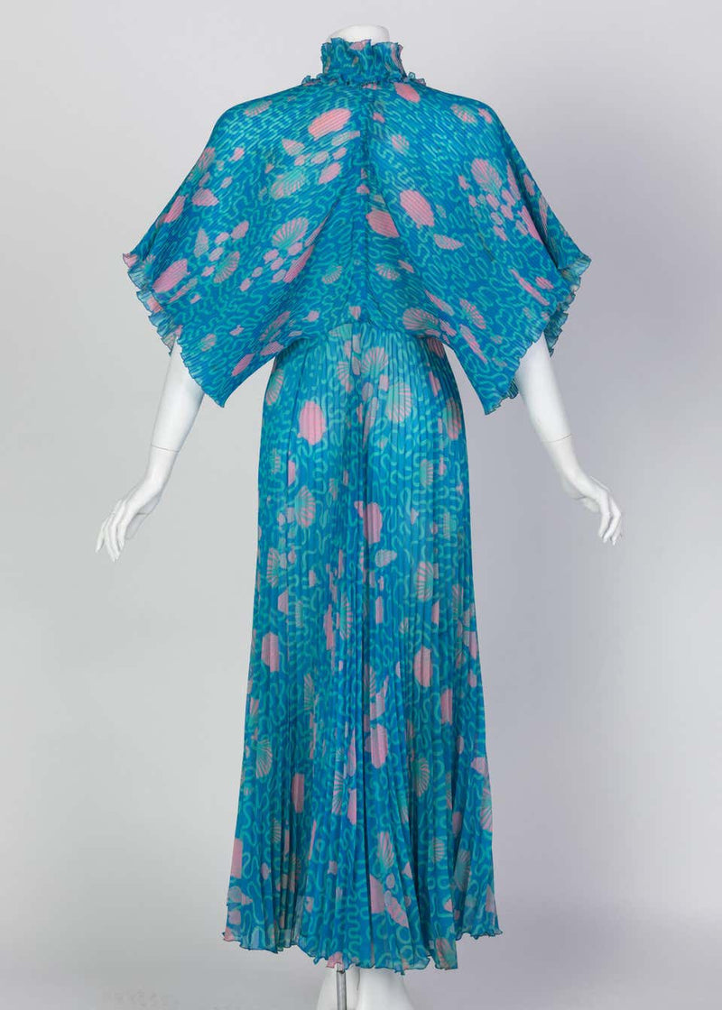 Zandra Rhodes Blue Pink Pleated Shell Print Caftan Dress 1970S