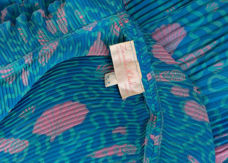 Zandra Rhodes Blue Pink Pleated Shell Print Caftan Dress 1970S