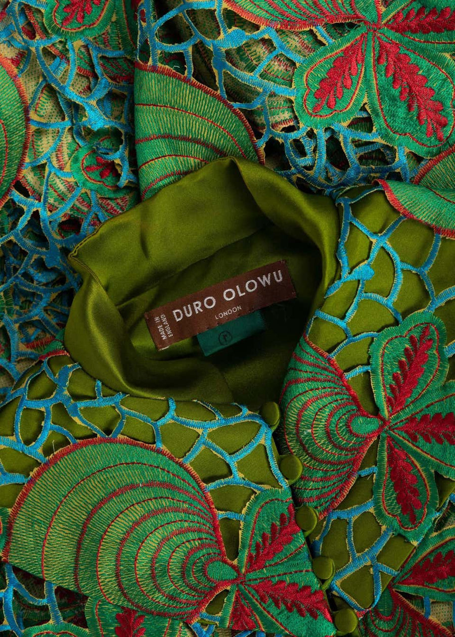 Duro Olowu Green Blue Red Cut Out Silk Lace Cape, 2012 Basha Gold Duro Olowu Green Blue Red Cut Out Silk Lace Cape, 2012 Basha Gold
