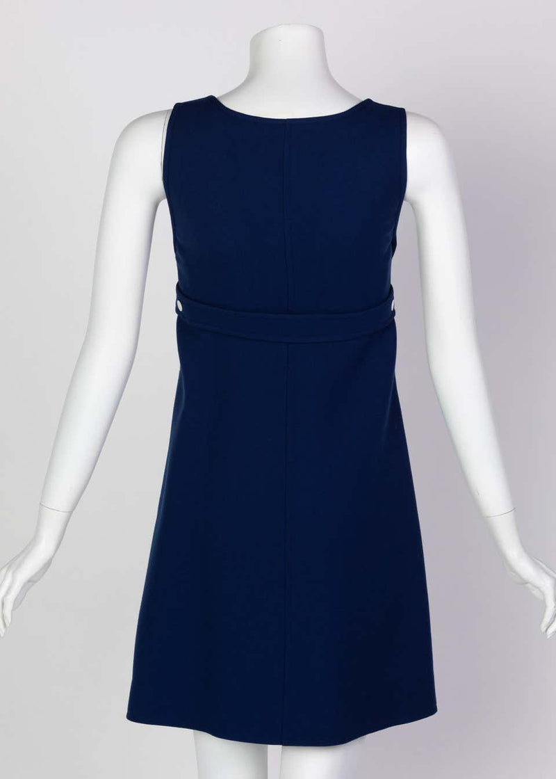 Courrèges Numbered Couture Navy White Wool Zipper Mod Space-Age Dress, 1970s