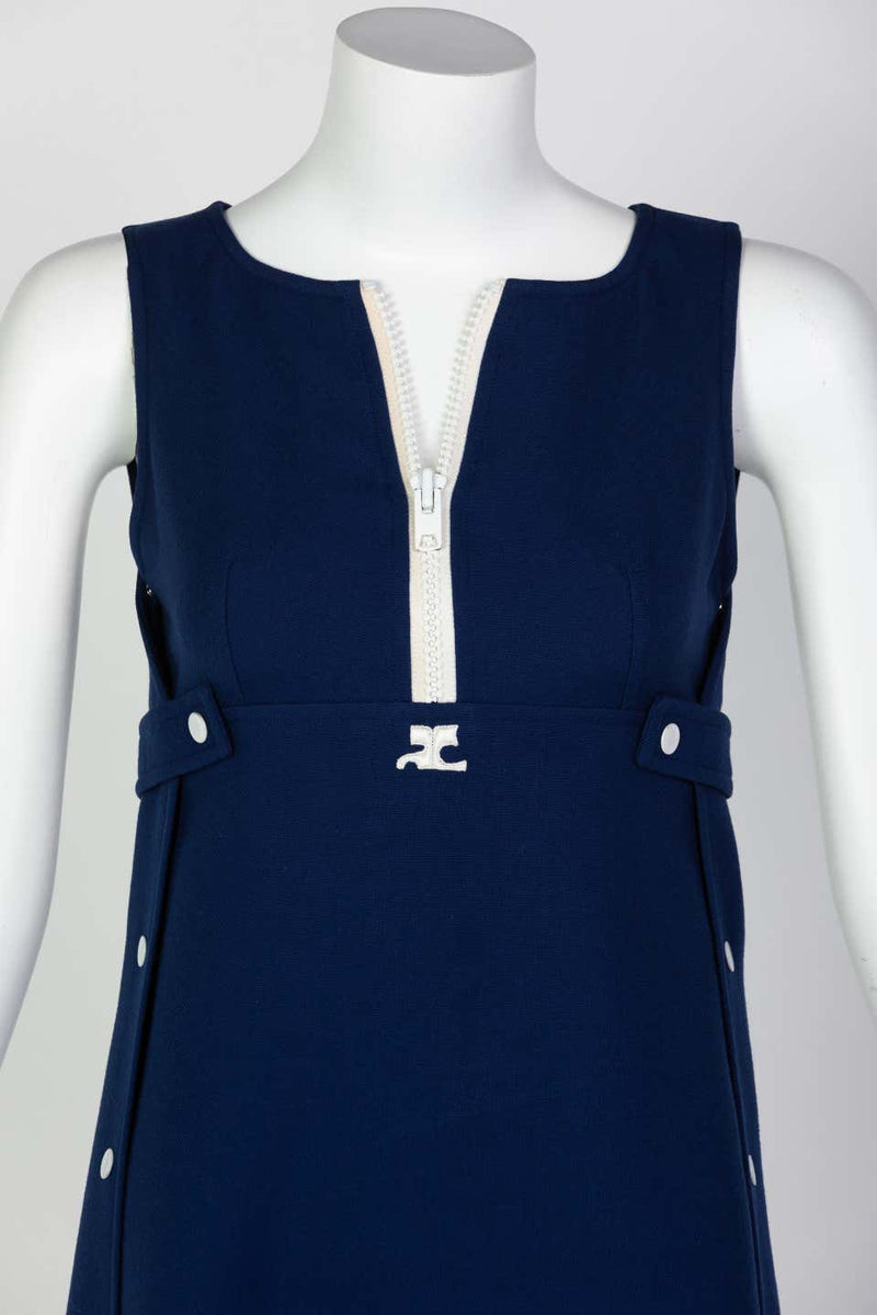 Courrèges Numbered Couture Navy White Wool Zipper Mod Space-Age Dress, 1970s
