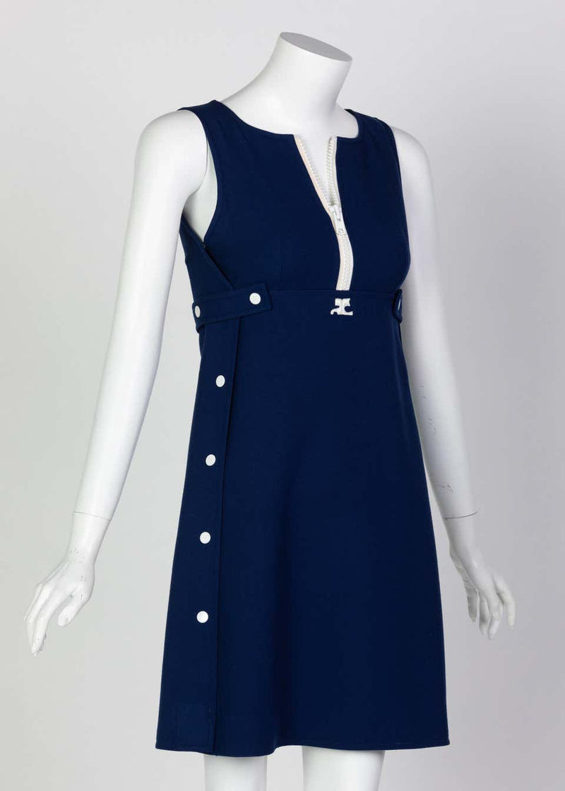 Courrèges Numbered Couture Navy White Wool Zipper Mod Space-Age Dress, 1970s