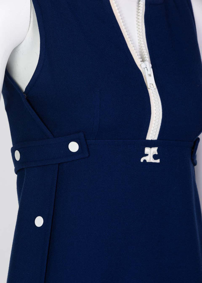 Courrèges Numbered Couture Navy White Wool Zipper Mod Space-Age Dress, 1970s