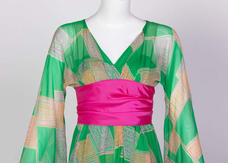 Malcolm Starr Green Geometric Print Chiffon Pink Sash Dress, 1960s