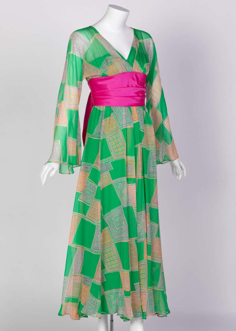 Malcolm Starr Green Geometric Print Chiffon Pink Sash Dress, 1960s
