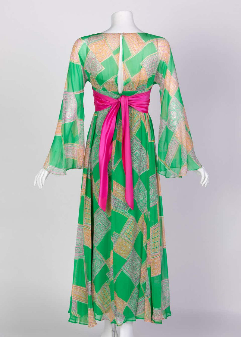 Malcolm Starr Green Geometric Print Chiffon Pink Sash Dress, 1960s