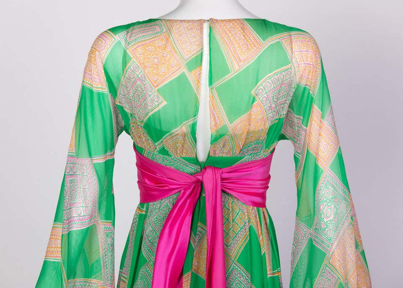Malcolm Starr Green Geometric Print Chiffon Pink Sash Dress, 1960s