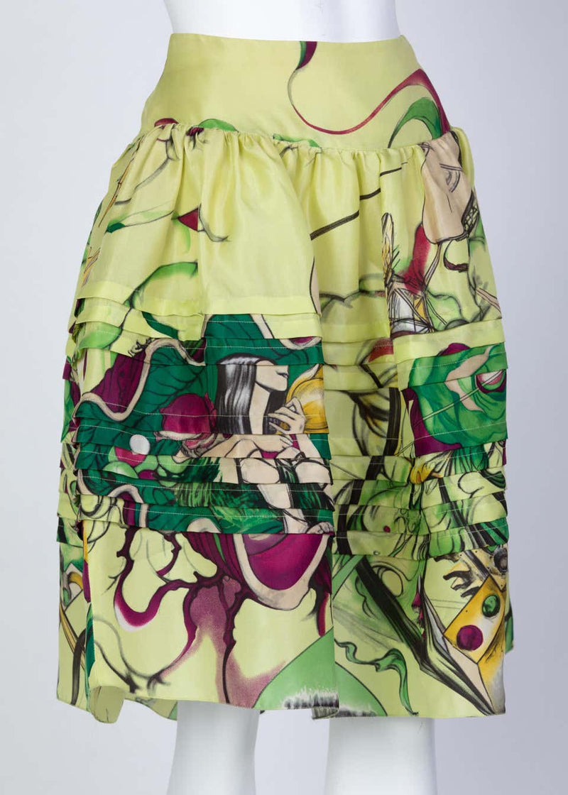 Prada Fairy James Jean Green Print Silk Skirt, 2008