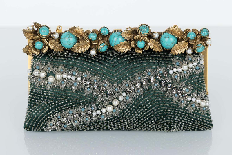 Vintage Valentino Green Satin Pearl & Turquoise Embellished Gold Leaf Bag/ Clutch