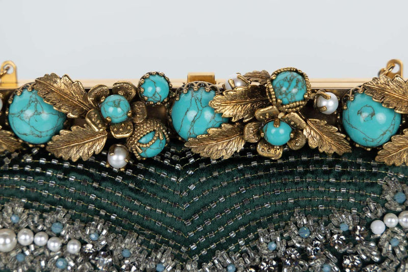 Vintage Valentino Green Satin Pearl & Turquoise Embellished Gold Leaf Bag/ Clutch