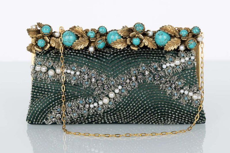 Vintage Valentino Green Satin Pearl & Turquoise Embellished Gold Leaf Bag/ Clutch