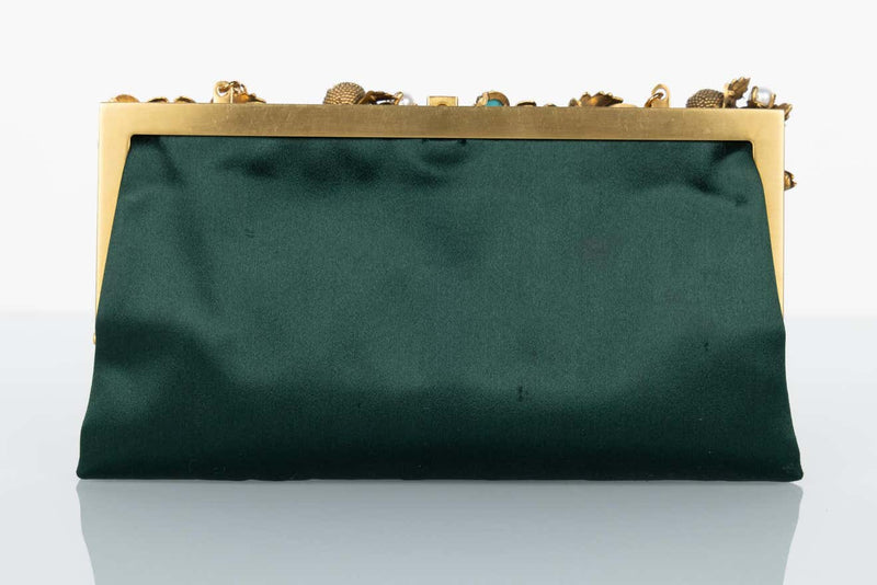 Vintage Valentino Green Satin Pearl & Turquoise Embellished Gold Leaf Bag/ Clutch