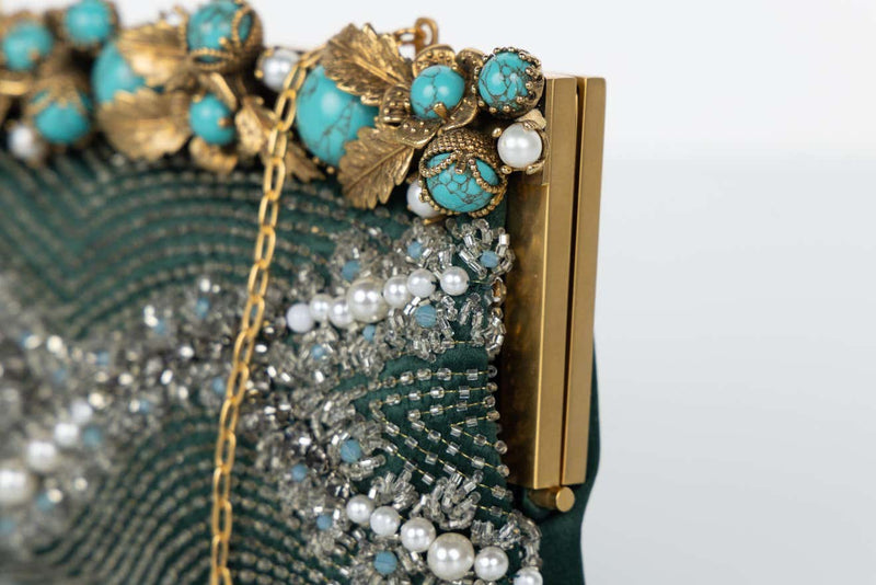 Vintage Valentino Green Satin Pearl & Turquoise Embellished Gold Leaf Bag/ Clutch