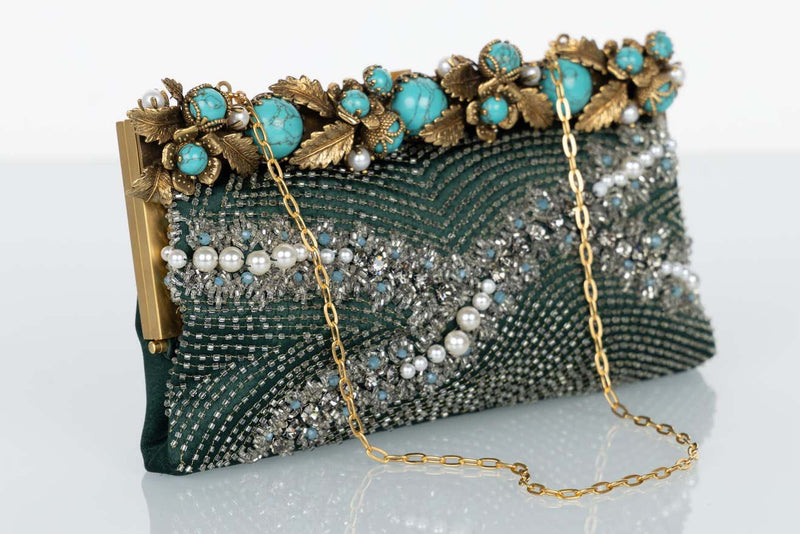 Vintage Valentino Green Satin Pearl & Turquoise Embellished Gold Leaf Bag/ Clutch