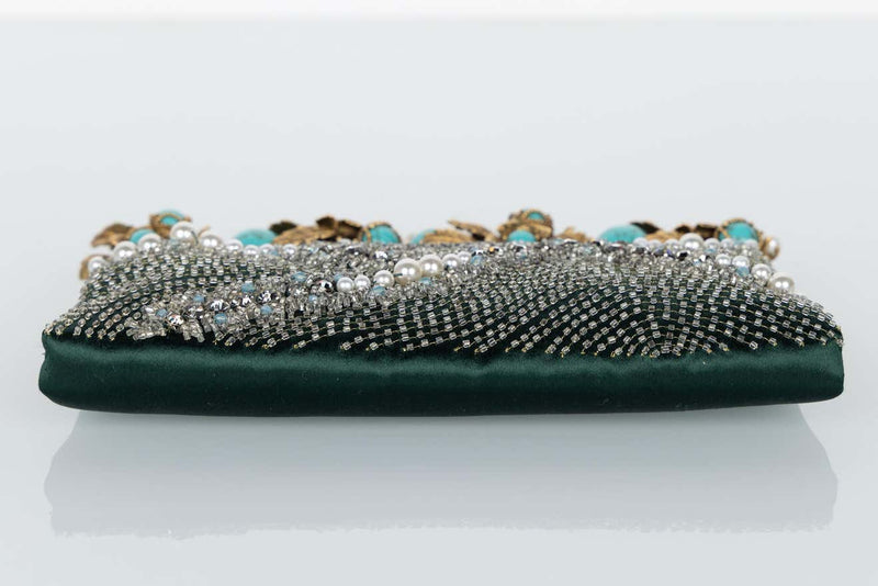 Vintage Valentino Green Satin Pearl & Turquoise Embellished Gold Leaf Bag/ Clutch