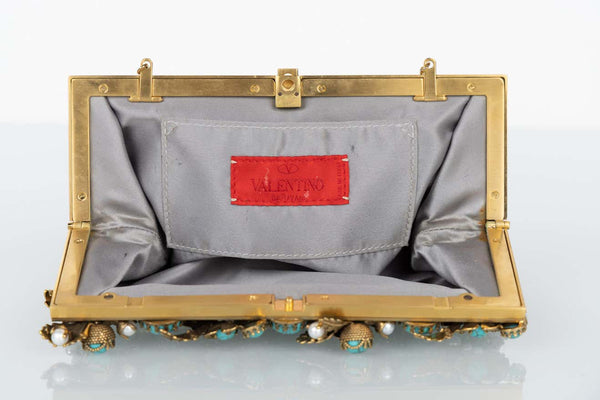 Vintage Valentino Green Satin Pearl & Turquoise Embellished Gold Leaf Bag/ Clutch