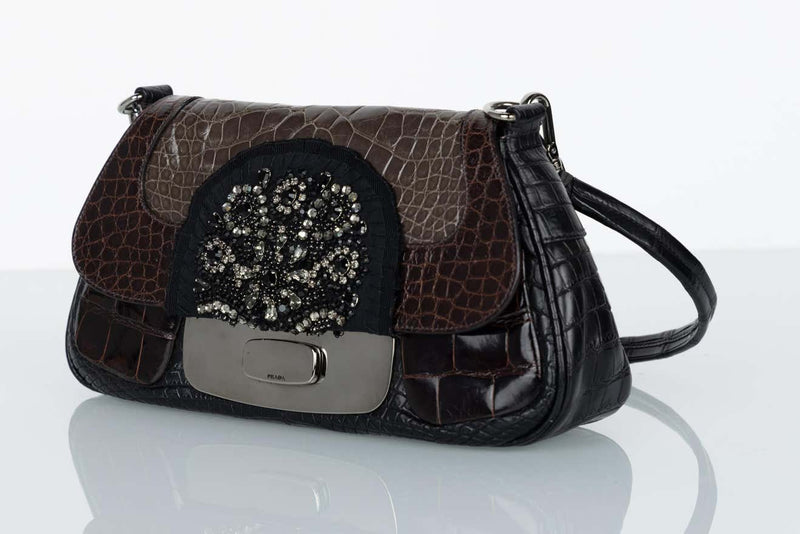 Prada F W 2004 Crocodile Jeweled Bag Limited Edition Basha Gold