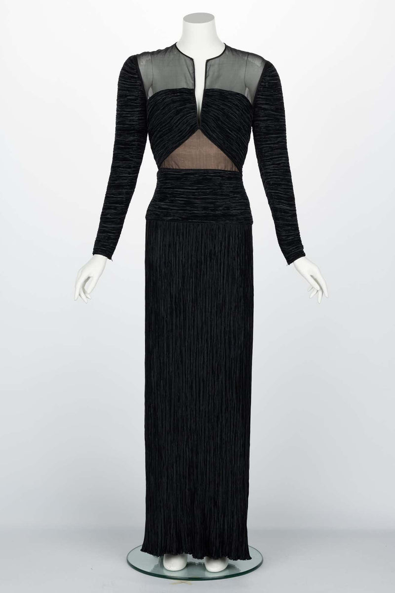 Vintage Mary McFadden Couture Black Pleated Sheer shoulder Column Gown