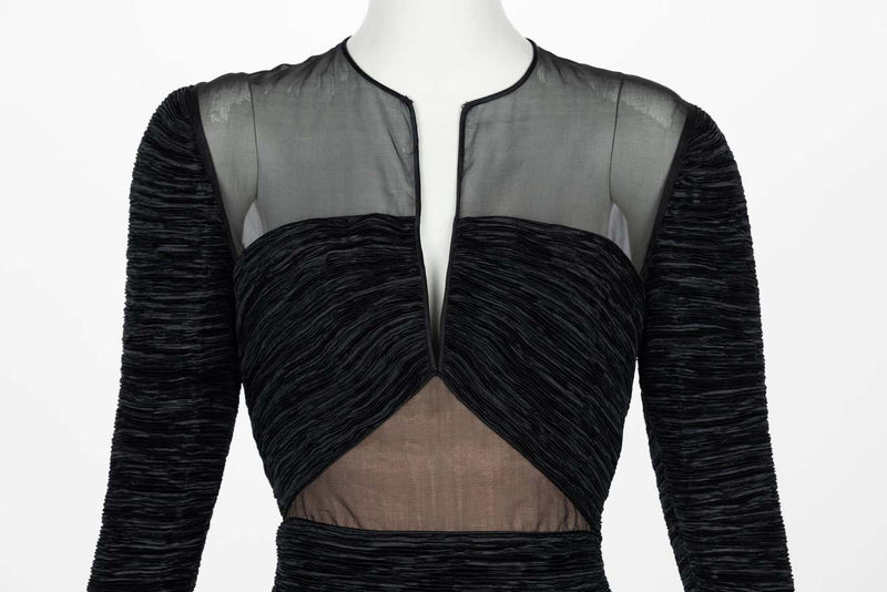 Vintage Mary McFadden Couture Black Pleated Sheer shoulder Column Gown