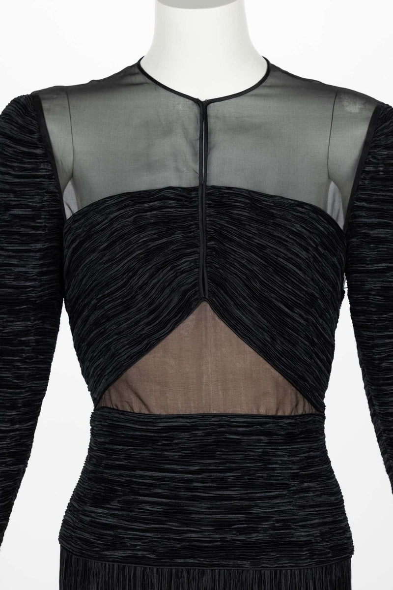 Vintage Mary McFadden Couture Black Pleated Sheer shoulder Column Gown