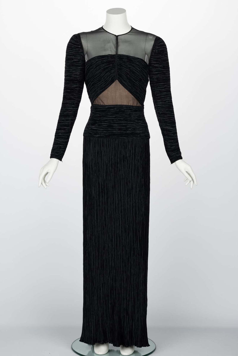 Vintage Mary McFadden Couture Black Pleated Sheer shoulder Column Gown