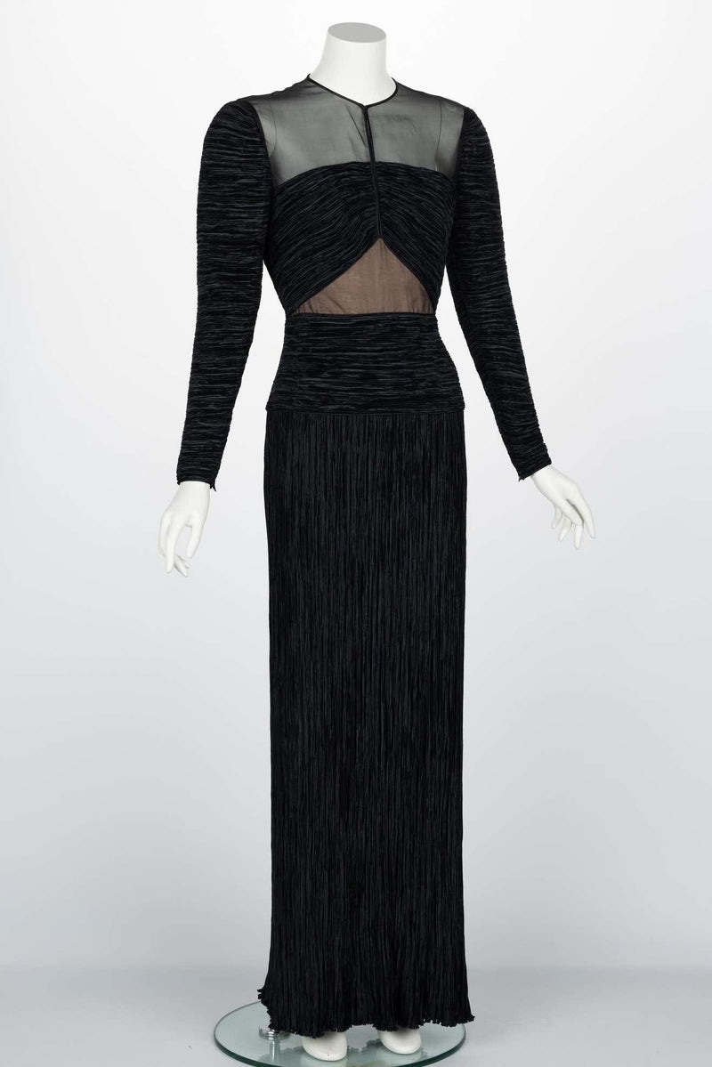 Vintage Mary McFadden Couture Black Pleated Sheer shoulder Column Gown