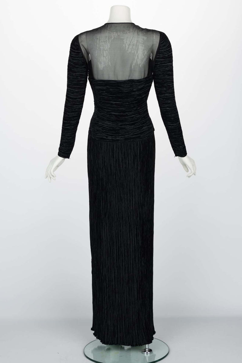 Vintage Mary McFadden Couture Black Pleated Sheer shoulder Column Gown