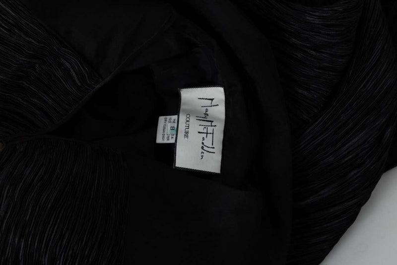 Vintage Mary McFadden Couture Black Pleated Sheer shoulder Column Gown