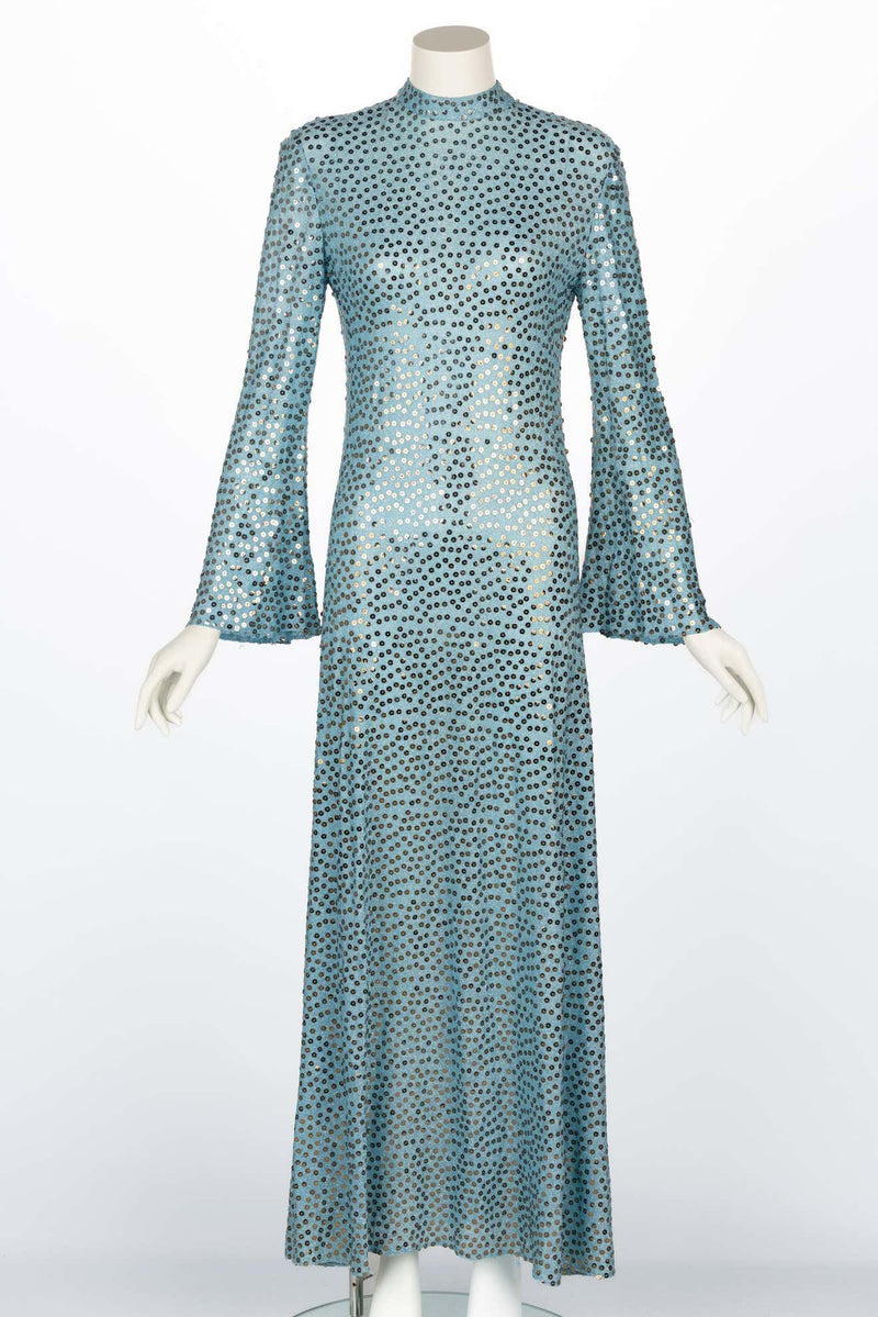 Mollie Parnis Silver Sequin Ice Blue Knit Lame Jersey Dress, 1970s