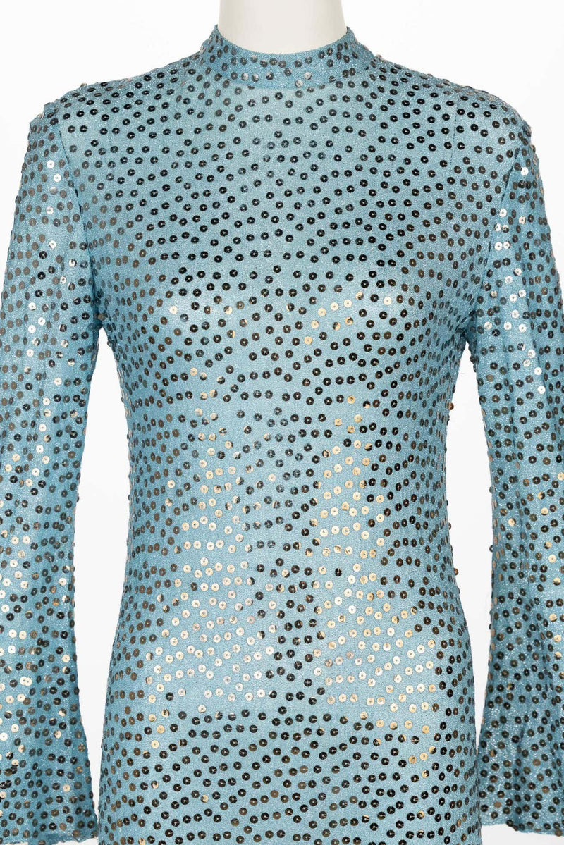 Mollie Parnis Silver Sequin Ice Blue Knit Lame Jersey Dress, 1970s