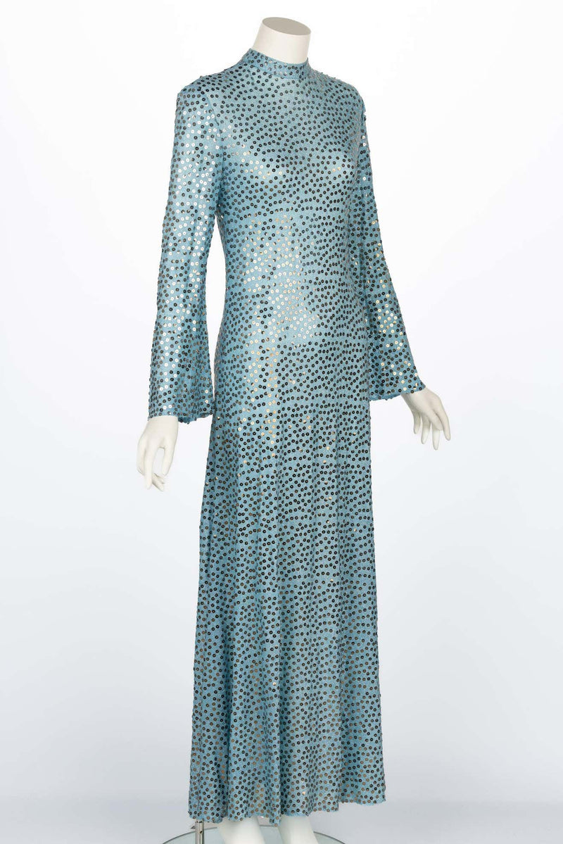 Mollie Parnis Silver Sequin Ice Blue Knit Lame Jersey Dress, 1970s