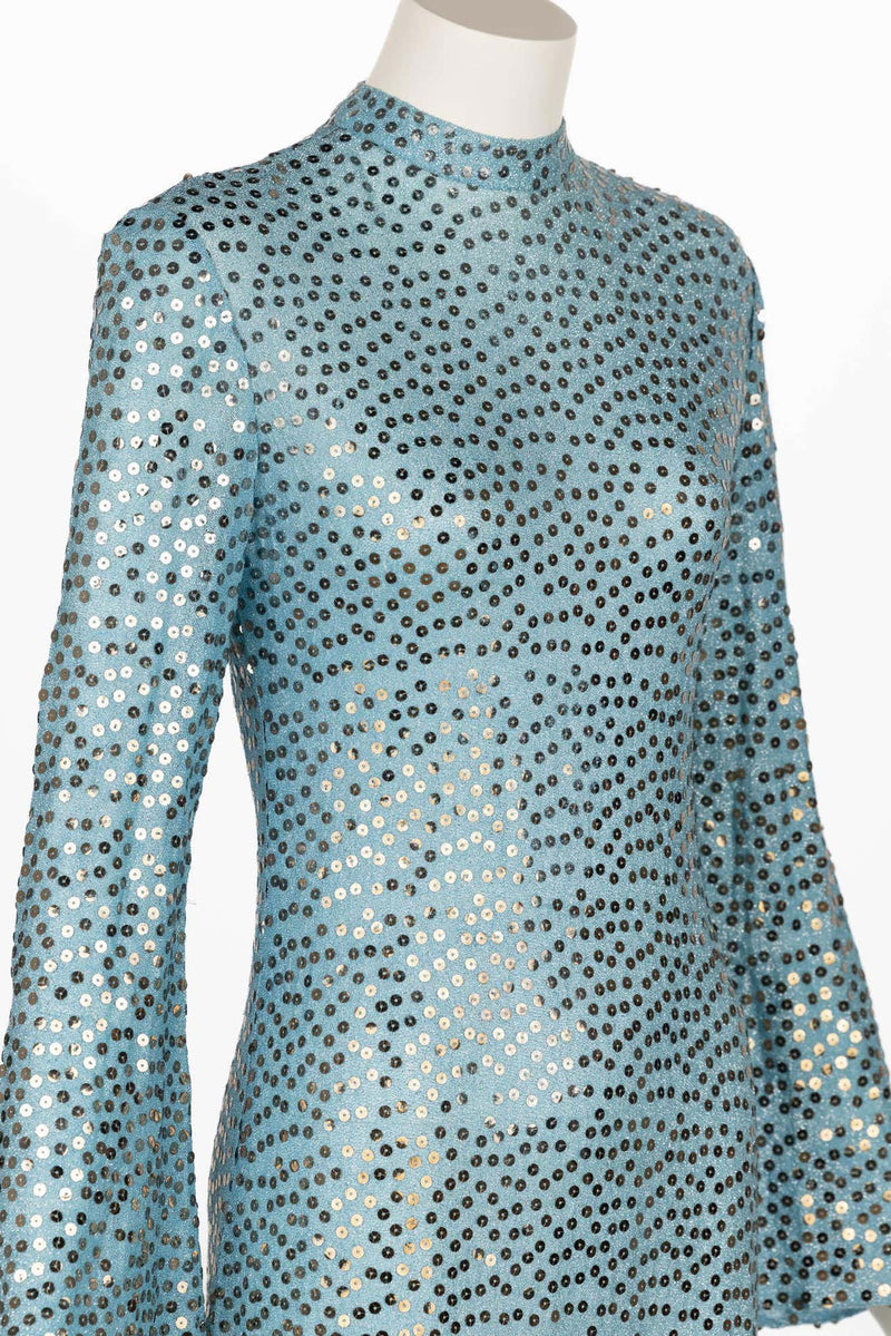 Mollie Parnis Silver Sequin Ice Blue Knit Lame Jersey Dress, 1970s