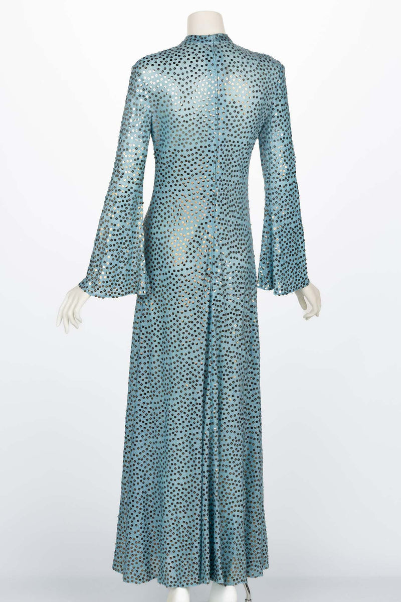 Mollie Parnis Silver Sequin Ice Blue Knit Lame Jersey Dress, 1970s