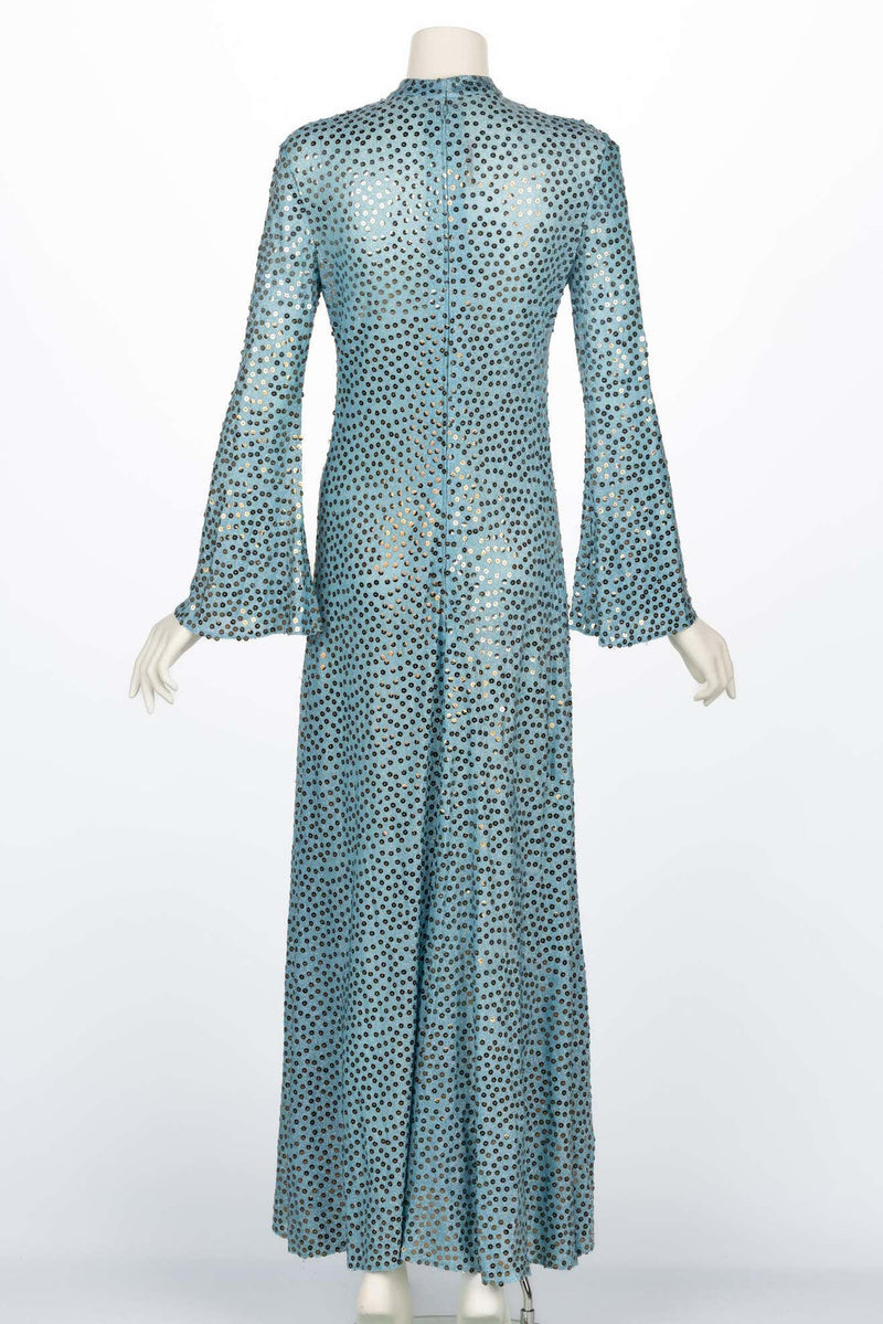 Mollie Parnis Silver Sequin Ice Blue Knit Lame Jersey Dress, 1970s