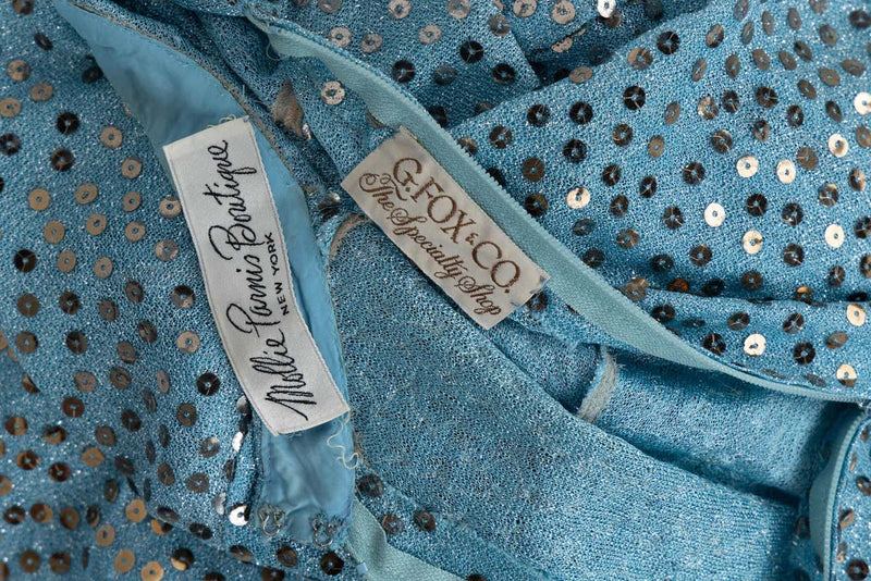 Mollie Parnis Silver Sequin Ice Blue Knit Lame Jersey Dress, 1970s