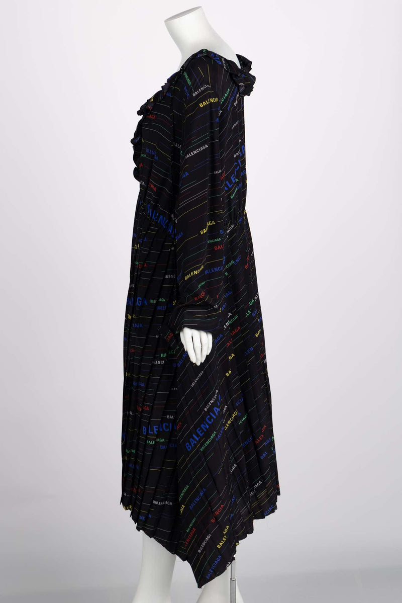 Balenciaga Ruffled Printed Black Silk Crepe De Chine Midi Dress Resort 2019