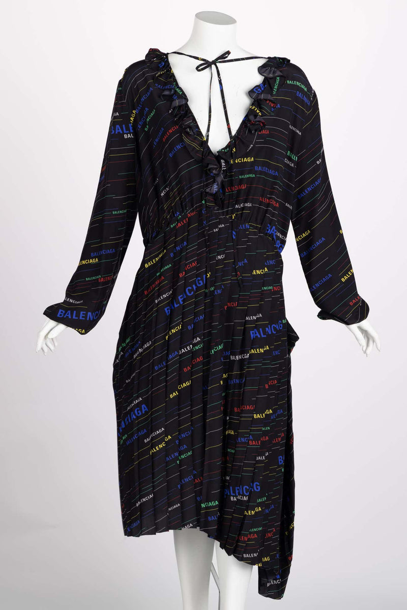 Balenciaga Ruffled Printed Black Silk Crepe De Chine Midi Dress Resort 2019