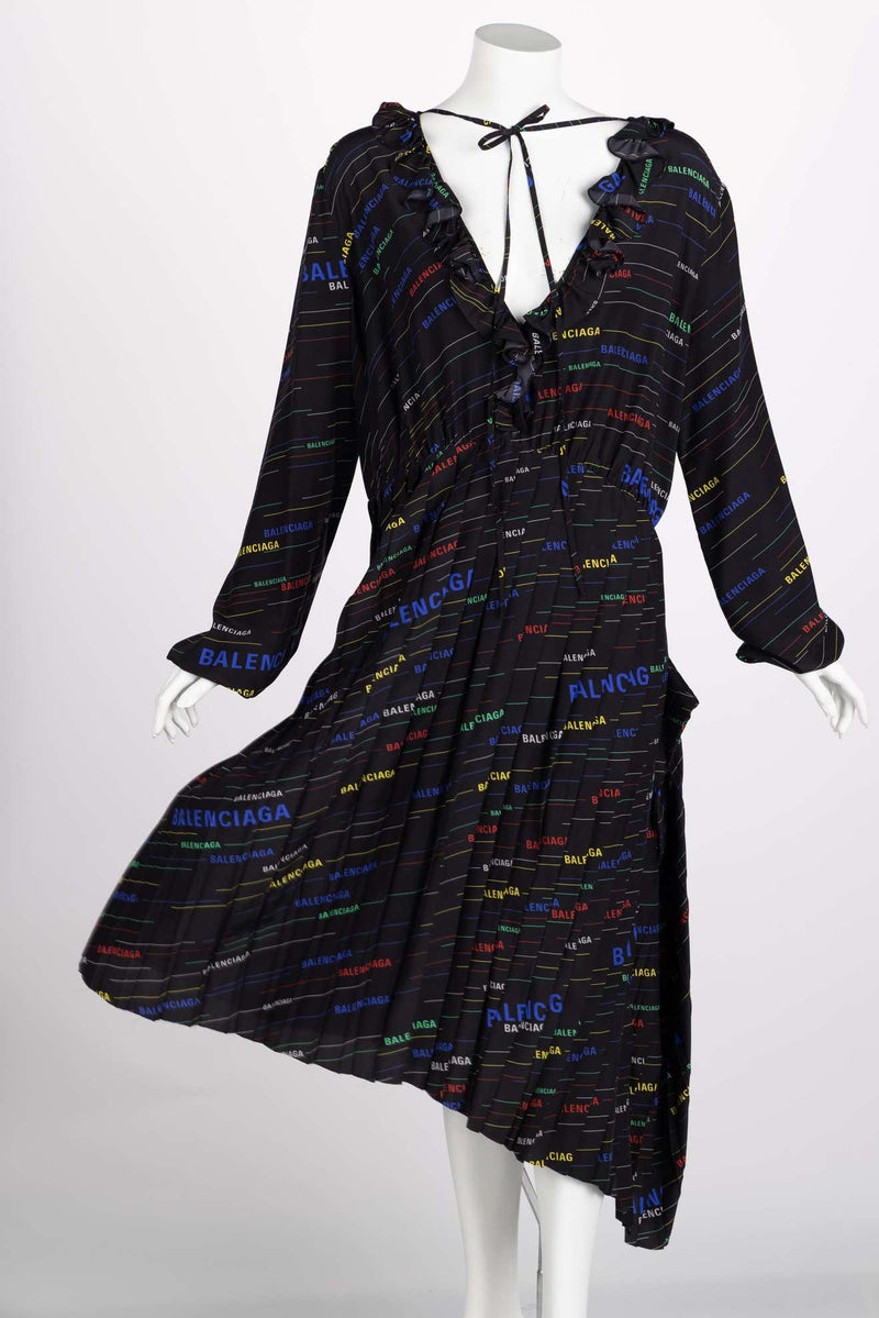 Balenciaga Ruffled Printed Black Silk Crepe De Chine Midi Dress Resort 2019