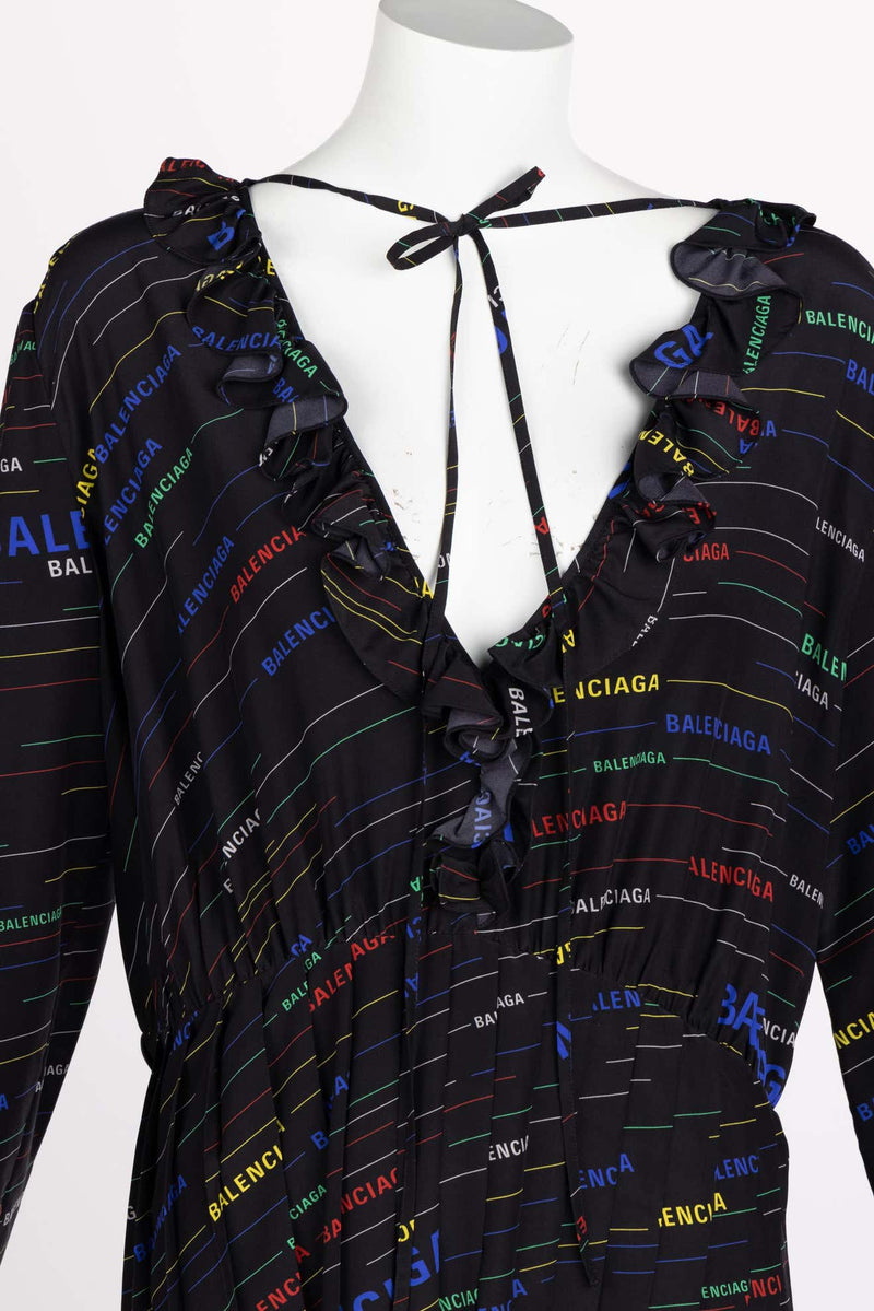 Balenciaga Ruffled Printed Black Silk Crepe De Chine Midi Dress Resort Basha Gold Balenciaga Ruffled Printed Black Silk Crepe De Chine Midi Dress Resort Basha Gold