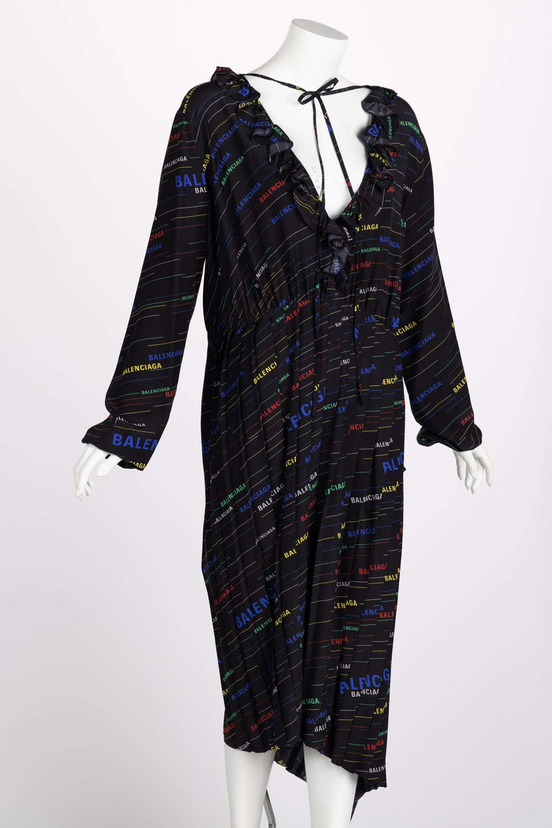 Balenciaga Ruffled Printed Black Silk Crepe De Chine Midi Dress Resort 2019