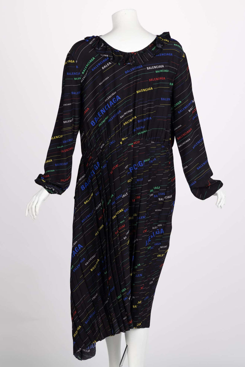 Balenciaga Ruffled Printed Black Silk Crepe De Chine Midi Dress Resort 2019