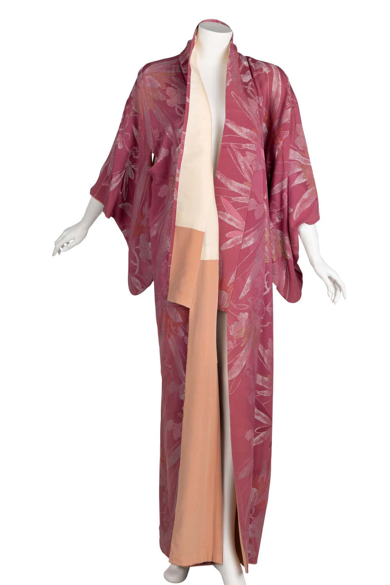 Vintage Japanese Dusky Mauve Silk Metallic Floral Maxi Kimono