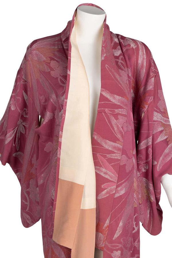 Vintage Japanese Dusky Mauve Silk Metallic Floral Maxi Kimono